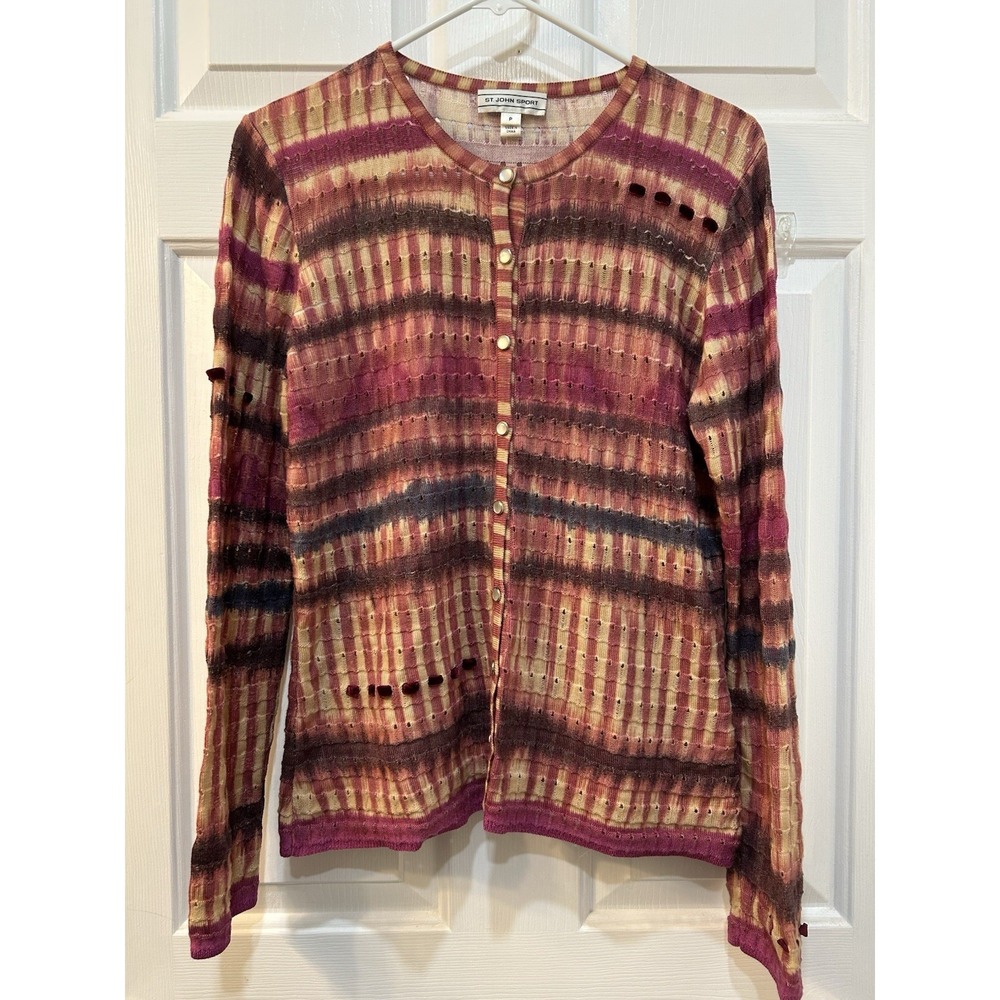 St. John Sport Lightweight Textured Cardigan Sweater Sz Small Petite Wool Pink